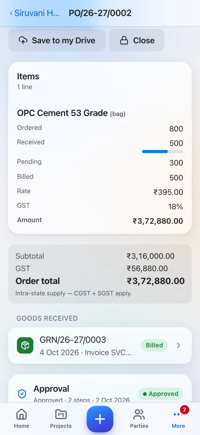 Purchase order PO/26-27/0002 marked Partly received: 800 bags of OPC cement ordered, 500 received and 300 pending, order total 3,72,880 rupees with CGST and SGST, a goods received note, and a two-step approval